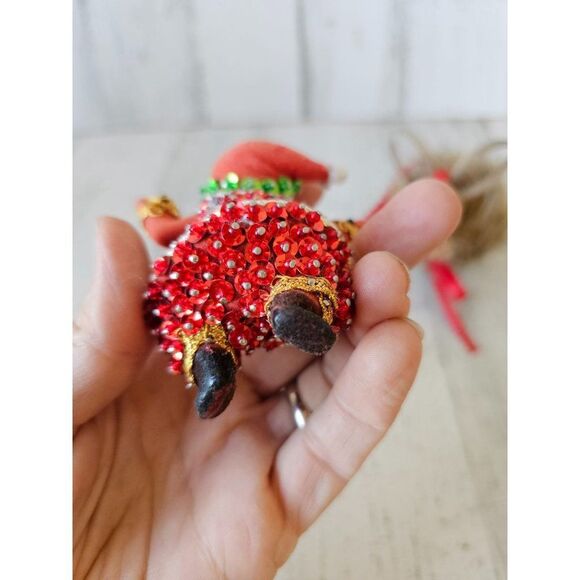 Wooden reindeer sequin beaded Santa vintage ornament Xmas set - Picture 7 of 13